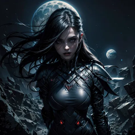 
a dark vampire woman in a futuristic uniform as she looks around a mysterious planet that hides dark mysteries