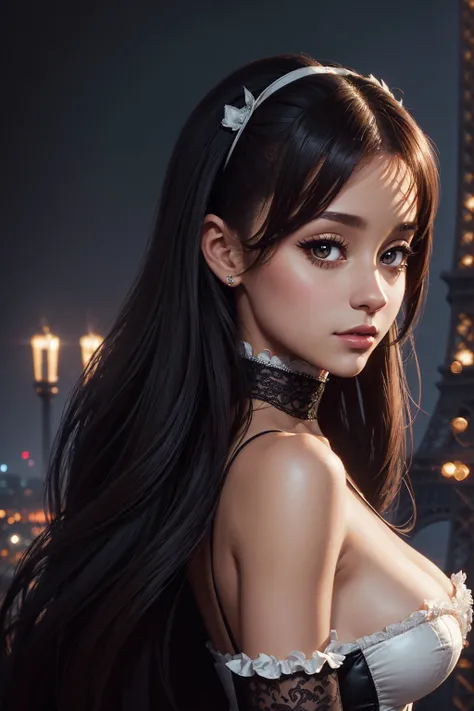 portrait Ariana Grande, wearing breasts french maid costume, against the background of the Eiffel Tower, character portrait, 3 9 9 0 s, long hair, intricate, elegant, highly detailed, digital painting, artstation, concept art, smooth, sharp focus, illustra...