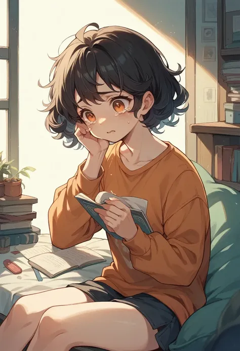 a girl with curly dark hair, sitting on the coast, playing chirping in a blue and orange sunlit room, with eyes full of tears