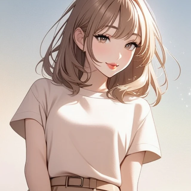 1 girl, Brown hair, medium hair, Light brown eyes, Medium eyelashes, Thick lips, Thin, small breasts, smiling sweetly, wearing a white button-down shirt Short sleeve, and a long light brown skirt. 