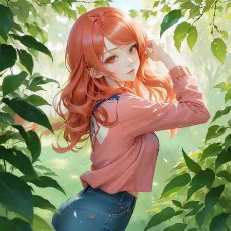 anime girl with long red hair and blue jeans standing in front of a tree, anime style 4 k, beautiful anime girl, anime lush john 8k woods, pretty anime girl, cute anime girl, high quality anime artstyle, beautiful anime portrait, anime wallaper, smooth ani...