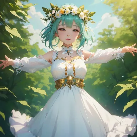 anime girl in white dress with arms outstretched out in the air,  in dress, cute anime waifu in a nice dress, guweiz on pixiv artstation, anime moe artstyle, fey queen of the summer forest, anime lush john 8k woods, the non-binary deity of spring, anime st...