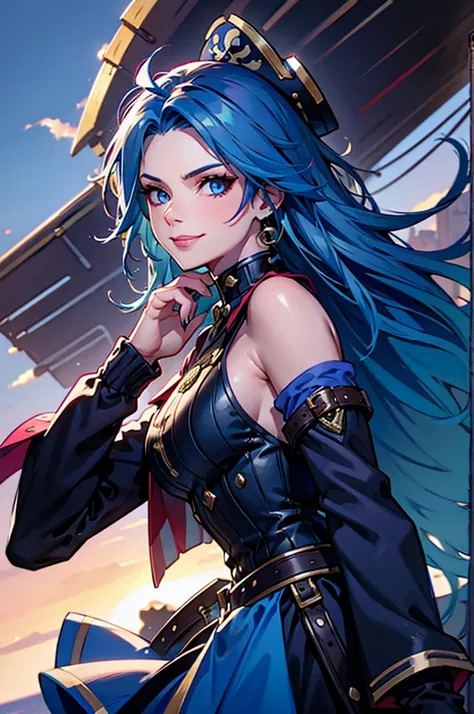 a pirate woman blue hair bad ass smile