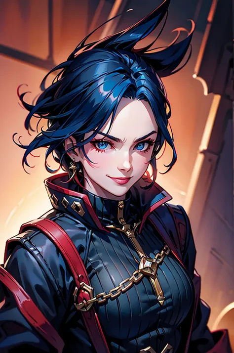 a pirate woman dark blue hair bad ass smile red black