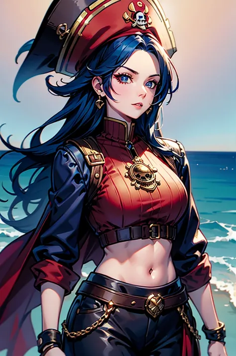 a pirate woman dark blue hair happy red pirate hat golden toot