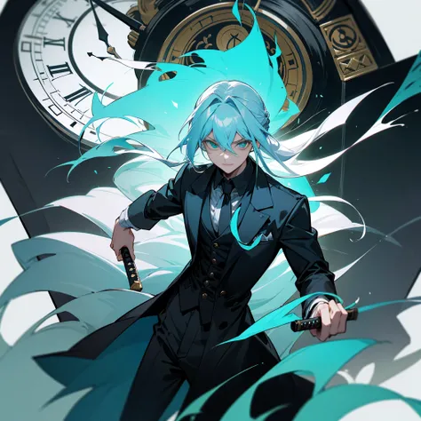 1 man with long white hair and hair tied back, wearing a black overcoat covering his white shirt with a cyan tie and black dress pants with pockets and chains while wearing a white scarf with a tall white background with a smile and a clock showing 12 hour...