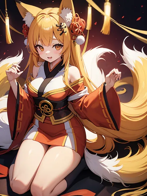 Fox girl with 9 tails, wearing Japanese priestess clothing, It&#39;s in a Japanese temple, the day is beginning to sunset with an orange sky, She has light orange hair and tails., her priestess outfit has white and red as the main colors, her eyes are emer...