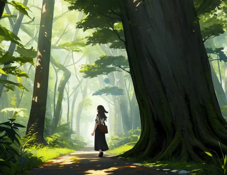 the girl walking on a path surrounded by tall, lush trees.