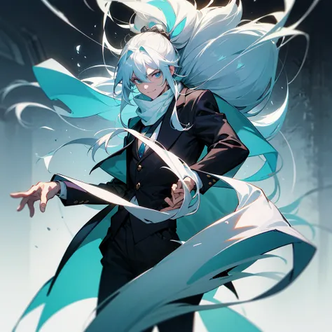 1 man with long white hair and hair tied back, wearing a black overcoat covering his white shirt with a cyan tie and black dress pants with pockets and chains while wearing a white scarf with a tall white background with a smile and a clock showing 12 hour...