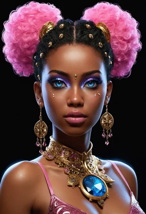 atmosfera oleosa sombria 4D style cats Mai sexy picture of a grown-up magical girl sexy cute mature face hair afro gold + pink with some puled up into a false ponytail girl is sexy dark Black theme with glitter and sparkles big blue crystal eye creating a ...