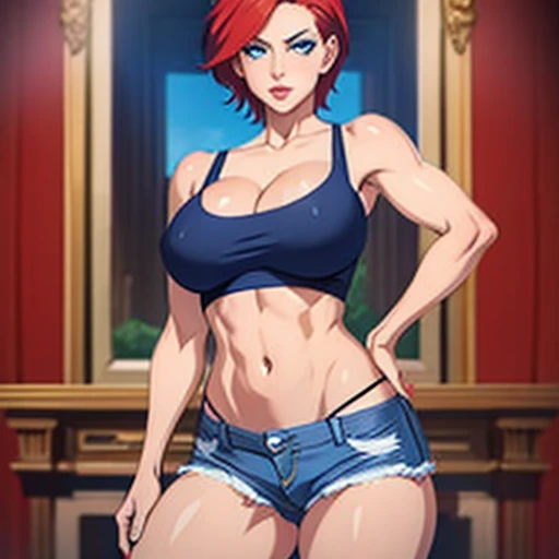 (masterpiece, Highest quality:1.2), alone, blue eyes, Cleavage, White tank top , Denim jeans,  Large Breasts, lips, short hair, belly button, nose, open jeans, panties, photograph(Moderate), Redhead, Realistic, Underwear display, Ripped jeans, Are standing...