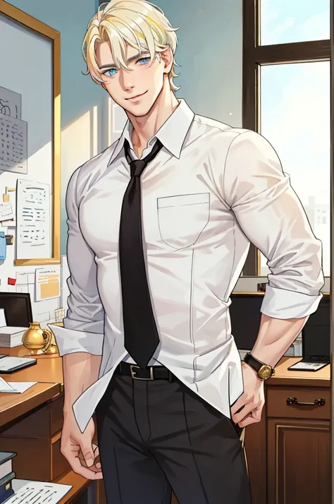 masterpiece, best quality, realistic, 1man, mature man, muscular tall, handsome, smile, closed mouth, portrait, extremely detailed face, (short hair), (golden hair), (heterochromia in eyes),  CEO, Office home. 