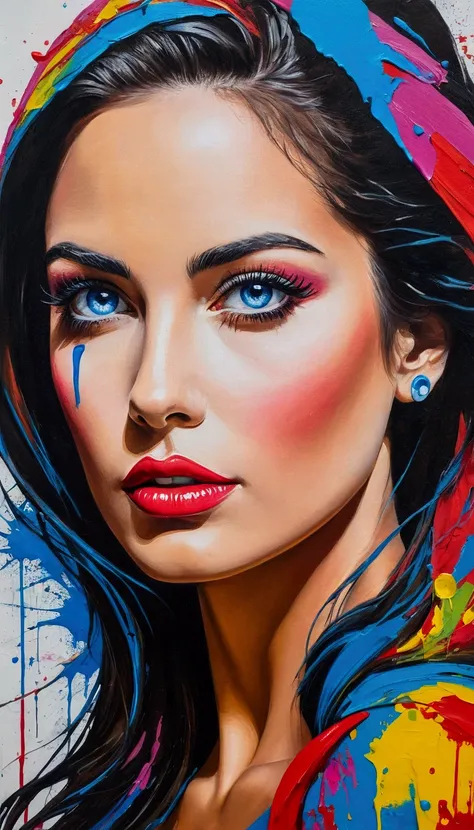 Painting of a woman with blue eyes and colorful face, Acrylic Paint on Canvas, Portrait of woman made of paint, pop art painting, acrylic on canvas, inspired by Károly Lotz, abstract portrait, Portrait made of paint, Latina Adult model Daisy Marie, colorfu...