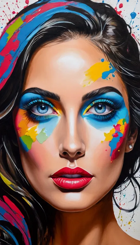 Painting of a woman with blue eyes and colorful face, Acrylic Paint on Canvas, Portrait of woman made of paint, pop art painting, acrylic on canvas, inspired by Károly Lotz, abstract portrait, Portrait made of paint, Latina Adult model Daisy Marie, colorfu...