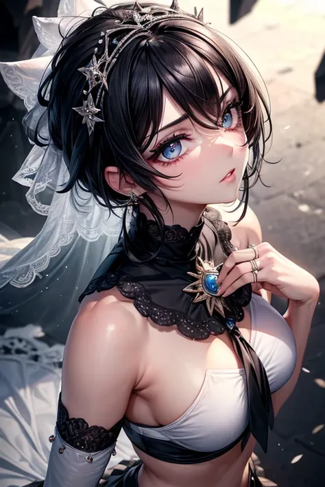 absurdrez, ultra details, high qualiy, Artwork, gorgeous eyes(detailedeyes), short black hair, skirt short, fully body, tense facial expression, gazing at viewer, eye pencils, super lashes, fully body, lush ass, aretes, Rings on the hands, bride