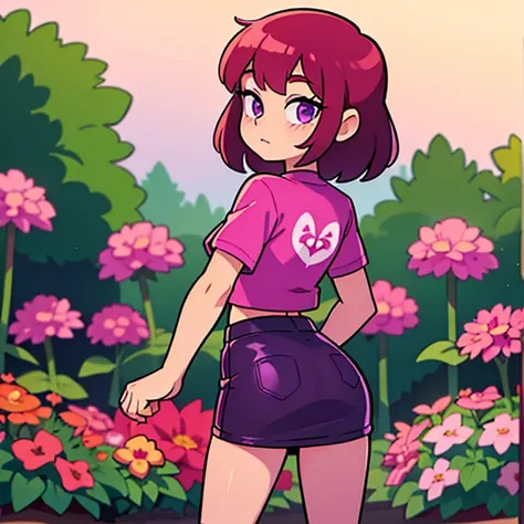 1 young girl in dark pink latex t-shirt with flower, with purple eyes and dark red hair,stay in garden,have mini skirt ,,one girl,photo from backside