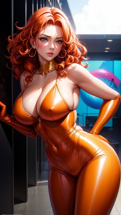 (best quality:1.5, highres, UHD, 4K, detailed lighting, shaders), orange curly haired, gradient hair, large breasts, red suit, red social long pants, mature woman , (pov), white background, colorful eyeshadow, dramatic lighting, sparkling eyes, sensual exp...