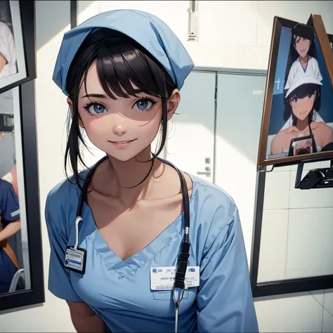 nursing aide,one girl,solo,blue or white scrubs,not wearing a hat or cap, frame it up to the top of the head, The top of my head doesnt come out of the frame,Facing forward,smile,technology