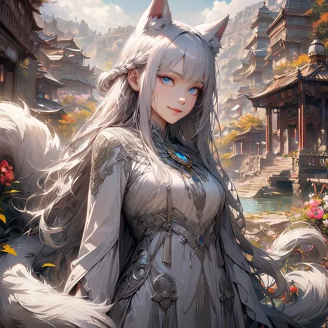 [Best quality, shaded, extreme detail, Highly detailed, Ultra detailed, intricate, Realistic, full view, detailed landscape], wolf woman, wolf girl, full fur, silver fur, full tail, silver tailed silver hair, straight hair, hair with braid, a brooch in the...