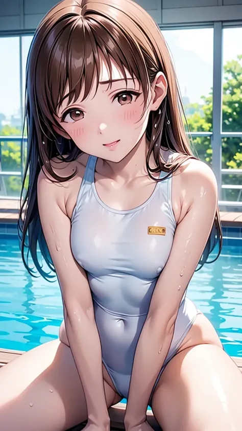 Highest quality、high resolution、High definition、HD、Indoor Pool、Poolside、(Nitta Minami、Long Hair、Medium chest、Brown Hair、Brown eyes、Glossy lips、Glowing Skin、Realistic skin texture、((Wet white swimsuit))、(Wet plain swimsuit)、Sit with your legs apart、Sit with...