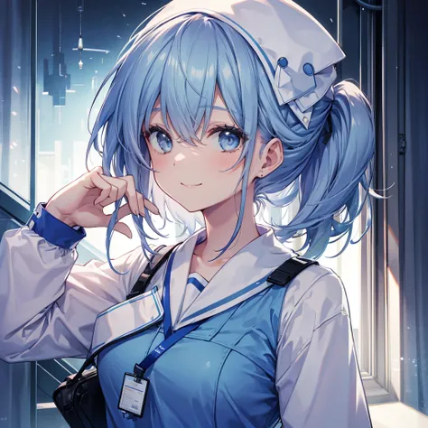 nursing aide,one girl,solo,blue or white scrubs,not wearing a hat or cap, frame it up to the top of the head, The top of my head doesnt come out of the frame,Facing forward,smile,technology