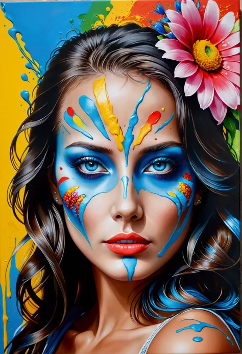 Painting of a woman with blue eyes and colorful face, Acrylic Paint on Canvas, Portrait of woman made of paint, pop art painting, acrylic on canvas, inspired by Károly Lotz, abstract portrait, Portrait made of paint, Latina Adult model Daisy Marie, colorfu...