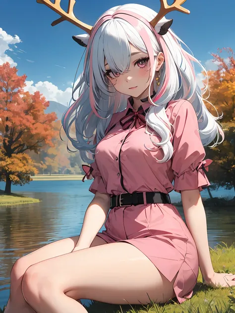 1boy, lisara restall, ((white and pink hair:1.5)),
BREAK (two-tone clothes, pink belt, lycoris uniform:1.2), BREAK front view, thighs, thigh focus, outdoors, lake, grass, sitting on ground, sitting, nature, autumn, fall(season), by the lake, feet in lake, ...