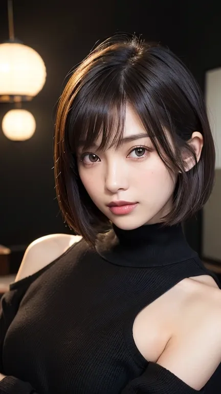 (((face close-up)))、(((brown, shoulder-length, straight short bob)))、(((she is posing like a model at a hair salon., indoors, ag...