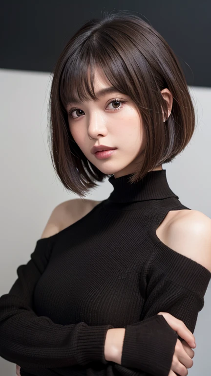 (((face close-up)))、(((brown, shoulder-length, straight short bob)))、(((she is posing like a model at a hair salon., indoors, ag...