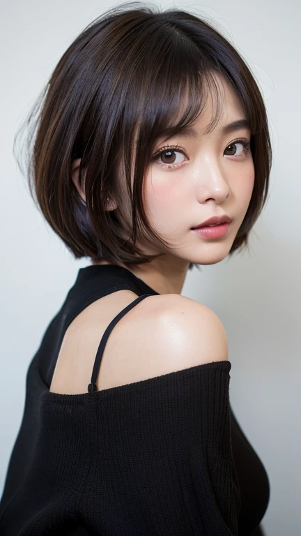 (((face close-up)))、(((brown, shoulder-length, straight short bob)))、(((she is posing like a model at a hair salon., indoors, ag...