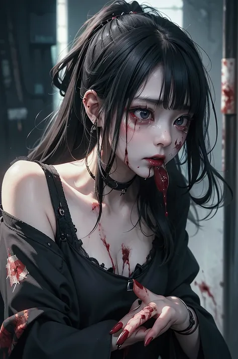 Highest quality, masterpiece, look up, cute,(Horror),(((Beautiful zombie girl))),Dead,Trying to bite,(((Bleeding,Injured))),(((Shedding tears of blood))),((口からBleeding)),((Covered in blood)),(Sexy),(sexy),((Small breasts)),Baby Face,(Middle school students...