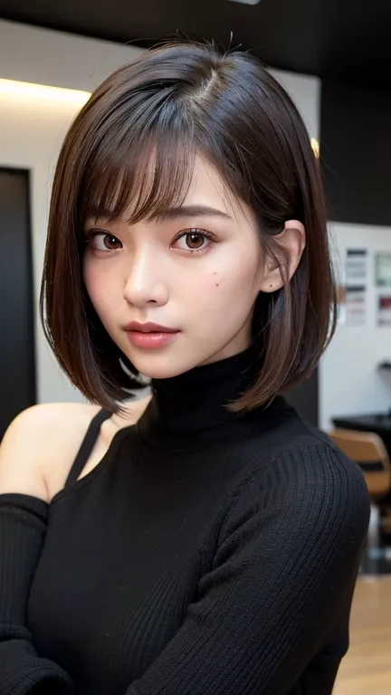 (((face close-up)))、(((brown, shoulder-length, straight short bob)))、(((she is posing like a model at a hair salon., indoors, ag...