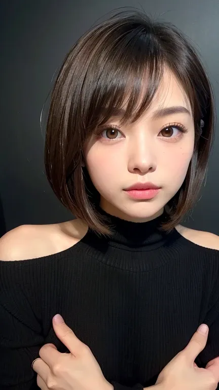 (((face close-up)))、(((brown, shoulder-length, straight short bob)))、(((she is posing like a model at a hair salon., indoors, ag...