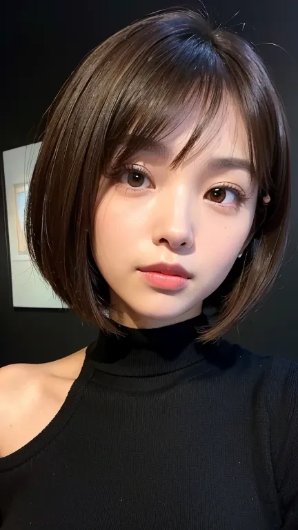 (((face close-up)))、(((brown, shoulder-length, straight short bob)))、(((she is posing like a model at a hair salon., indoors, ag...