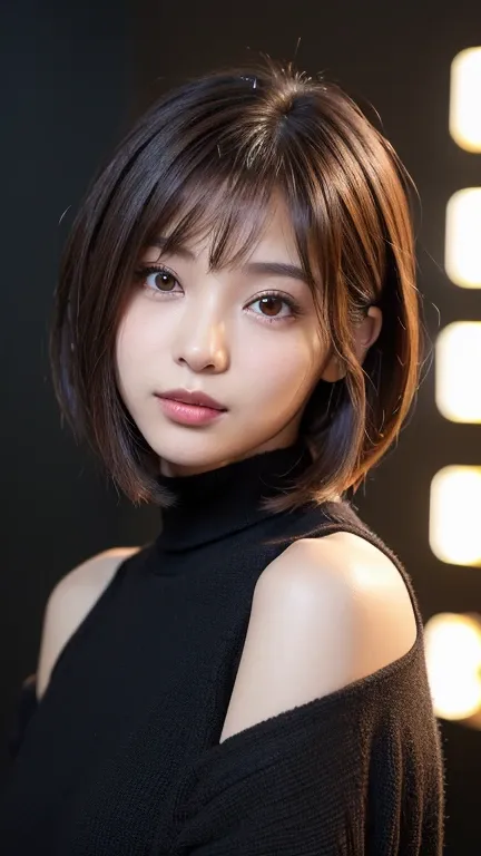 (((face close-up)))、(((brown, shoulder-length, straight short bob)))、(((she is posing like a model at a hair salon., indoors, ag...