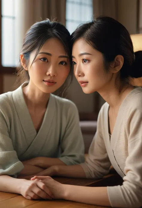 a 40-year-old japanese mother learning with her 10-year-old daughter in the living room, realistic, photorealistic, high quality, detailed, 8k, best quality, masterpiece, detailed facial features, beautiful detailed eyes, beautiful detailed lips, extremely...