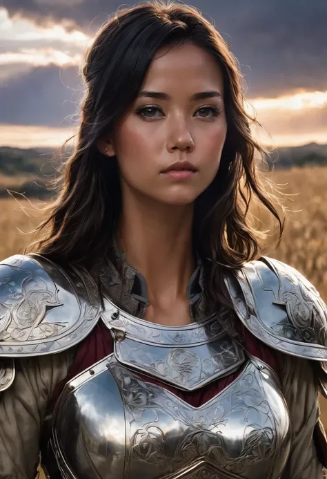 The female warriors armor is a testament to her strength and determination. Each piece is intricately crafted, with symbols and designs that tell the story of her past battles. As she stands in the field, the stormy sky above seems to reflect her fierce sp...