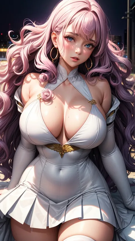 (best quality:1.5, highres, UHD, 4K, detailed lighting, shaders), purple curly haired, gradient hair, large breasts, white suit, gray social short skirt, pink pantie, mature woman , (pov), white background, colorful eyeshadow, dramatic lighting, sparkling ...