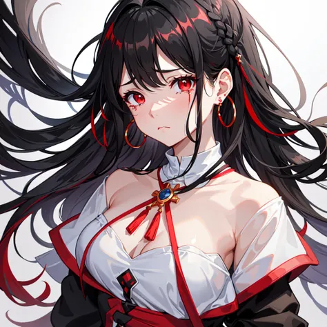 1girl, Solo, Long Hair, Black Hair, wavy hair with red highlights,Bangs, Red Eyes, Earrings, Tears, Frown, Crying, Crying With Eyes Open, Sad, Simple background, medium breasts, Earrings, Crystal Earrings, upper boddy, High Resolution, High Details, Super ...