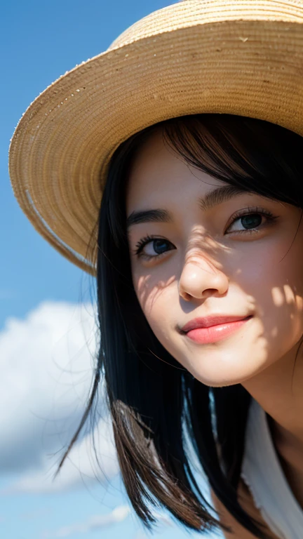 (Highest quality,masterpiece:1.3,Ultra-high resolution),(Very detailed,Caustics,8k),(Realistic:1.4,RAW shooting),18-year-old,cute,Japanese,Straw hat,Black hair medium hair,(one piece),(smile),Looking into the camera,blue sky,sun,(Top of the Hill),(Tall gre...