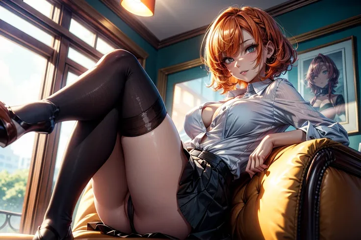 (masterpiece)(8k)(cute)(close-up) a 18-year old girl, dress shirt, skirt, sitting on chair, leg hanging over armchair, lewd, upskirt, (pubic hair:1.2), orange hair, short hair, wild hair, lime green pupils, seductive smile, (glossy lips:1.1), shiny lips, e...