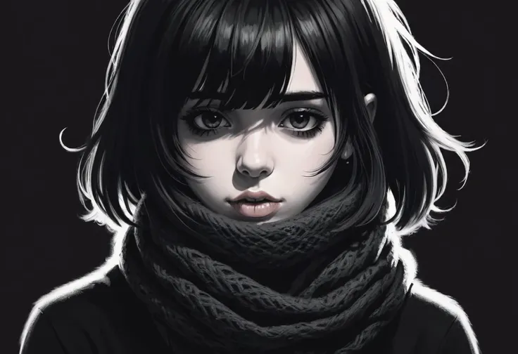 Shadow covering half of face, Emo Girl, bangs, black, black background, Scarf over mouth, Realistic