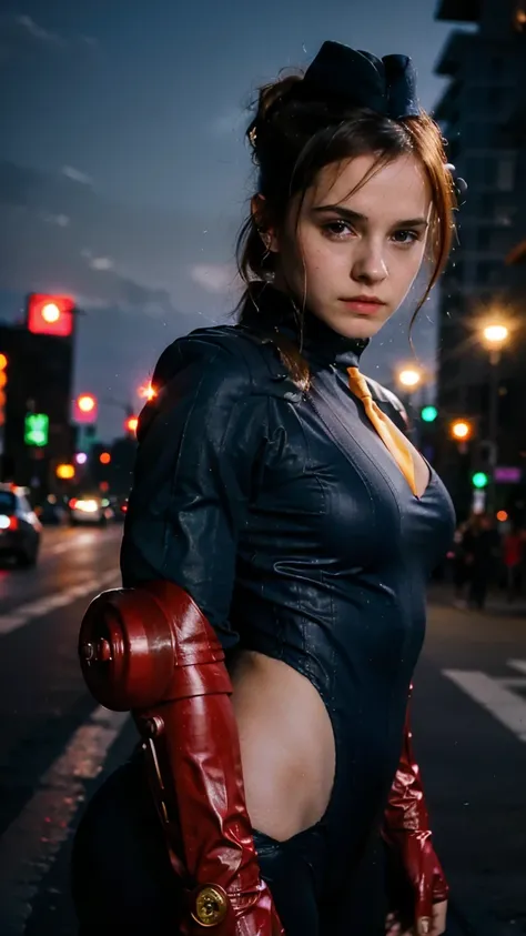 (masterpiece), (best quality), (solo, 1girl), (photorealistic1.4), (), (Emma Watson), (adult woman), (sfJuli latex costume), (sfJuli bodysuit), brown hair, hat, (sfJuli orange necktie), (sfJuli red gloves), (navy blue ribbed bodysuit) , (epiCRealLife:1.0),...