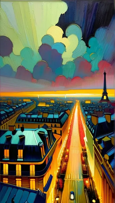 view of the roofs of Paris, 30s, dusk, play of lights(art inspired by Bill Sienkiewicz). oil painting)