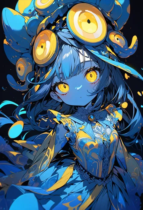 anime girl, dark blue hair, yellow eyes, phosphorescent blue octopus-shaped hat, transparent blue dress, Ultra detailed, detailed eyes, vivid colors, marine colors, beautiful.