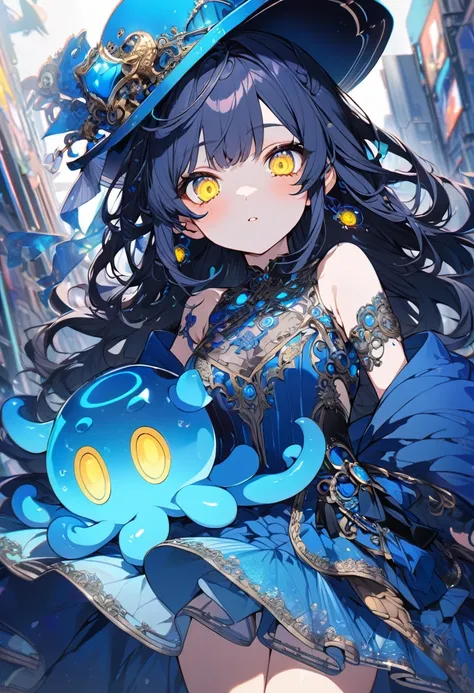 anime girl, dark blue hair, yellow eyes, phosphorescent blue octopus-shaped hat, transparent blue dress, Ultra detailed, detailed eyes, vivid colors, marine colors, beautiful.