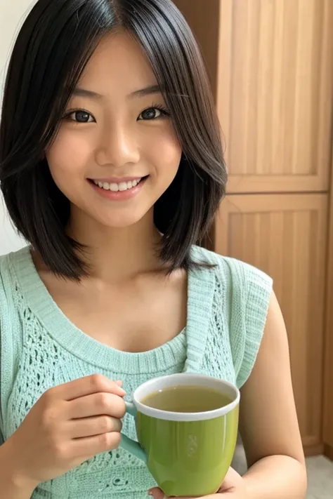 just an asian girl enjoying some green tea and smiling