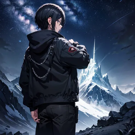 back look leon kennedy black hair outfit gray hood jacket black jean Alone in mountain see star at night posters 