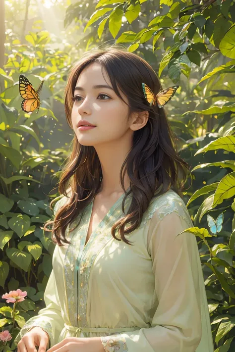 (high quality,Vibrant colors,Realistic),(One girl,Beautiful attention to detail:1.1,Beautiful lip detail:1.1),garden,Bright flowers,Lush greenery,Standing Elegantly,loose fitting dress,Breeze,Captivating smile,Peaceful atmosphere,Light of the sun,beautiful...