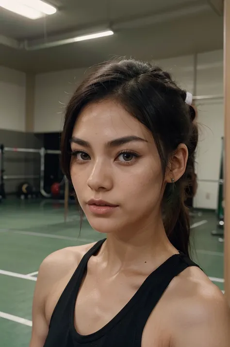 Photo of sweaty woman posing, posando in gym, in gym, gym mirror, naturallight, with an oval face with high cheekbones, a defined jawline is Asian, japanese. His eyes are large and almond, black in color, with long eyelashes and thick, arched eyebrows, nos...